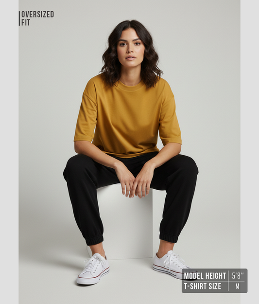 Mustard Yellow Oversized T-Shirt for Women | Heavyweight Solid Cotton | Relaxed Drop-Shoulder Boxy Fit