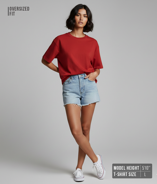 Red Solid Oversized T-Shirt for Women | Premium Heavyweight Cotton | Boxy Streetwear Fit