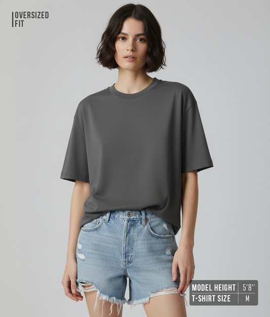 Steel Grey Oversized T-Shirt for Women | Heavyweight Solid Cotton | Relaxed Drop-Shoulder Boxy Fit