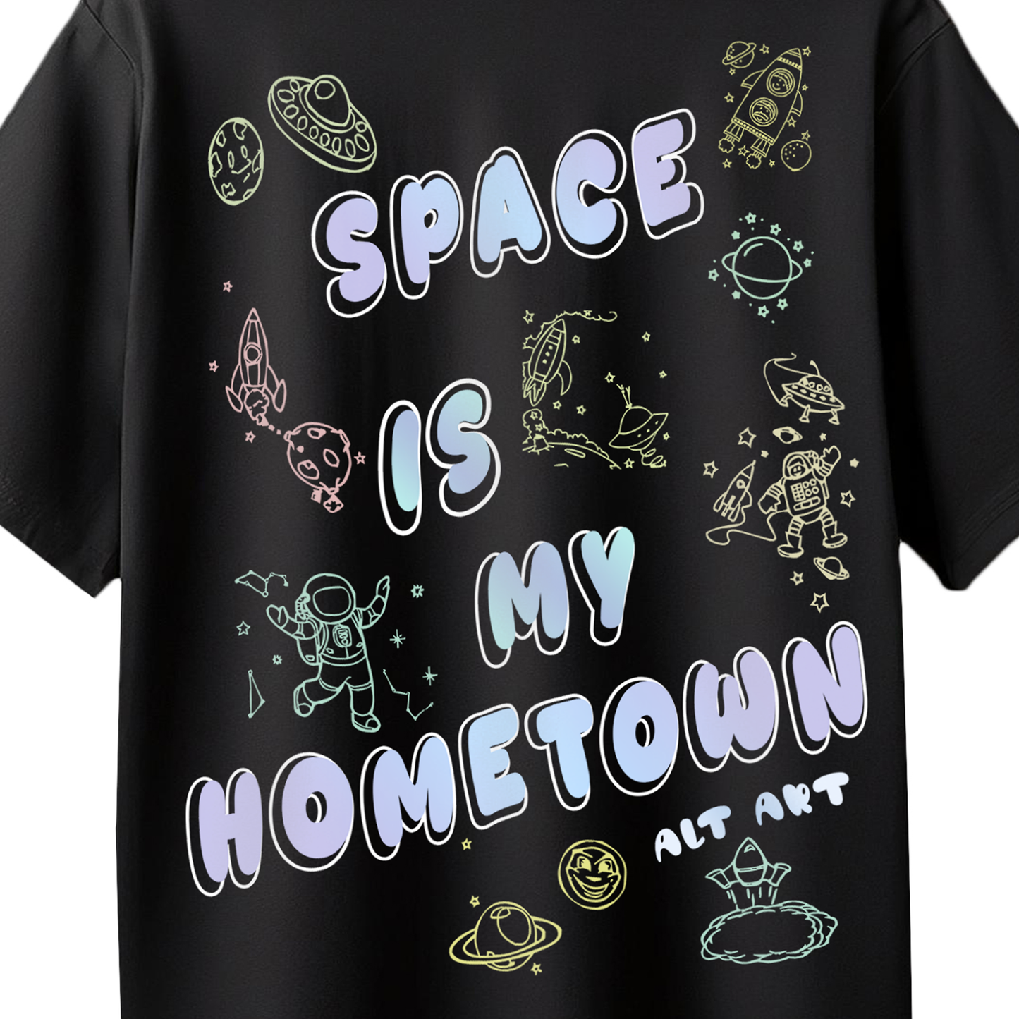 Space is My Hometown Women’s Black Oversized T-Shirt – Trendy Astronaut Graphic Tee for Women & Girls