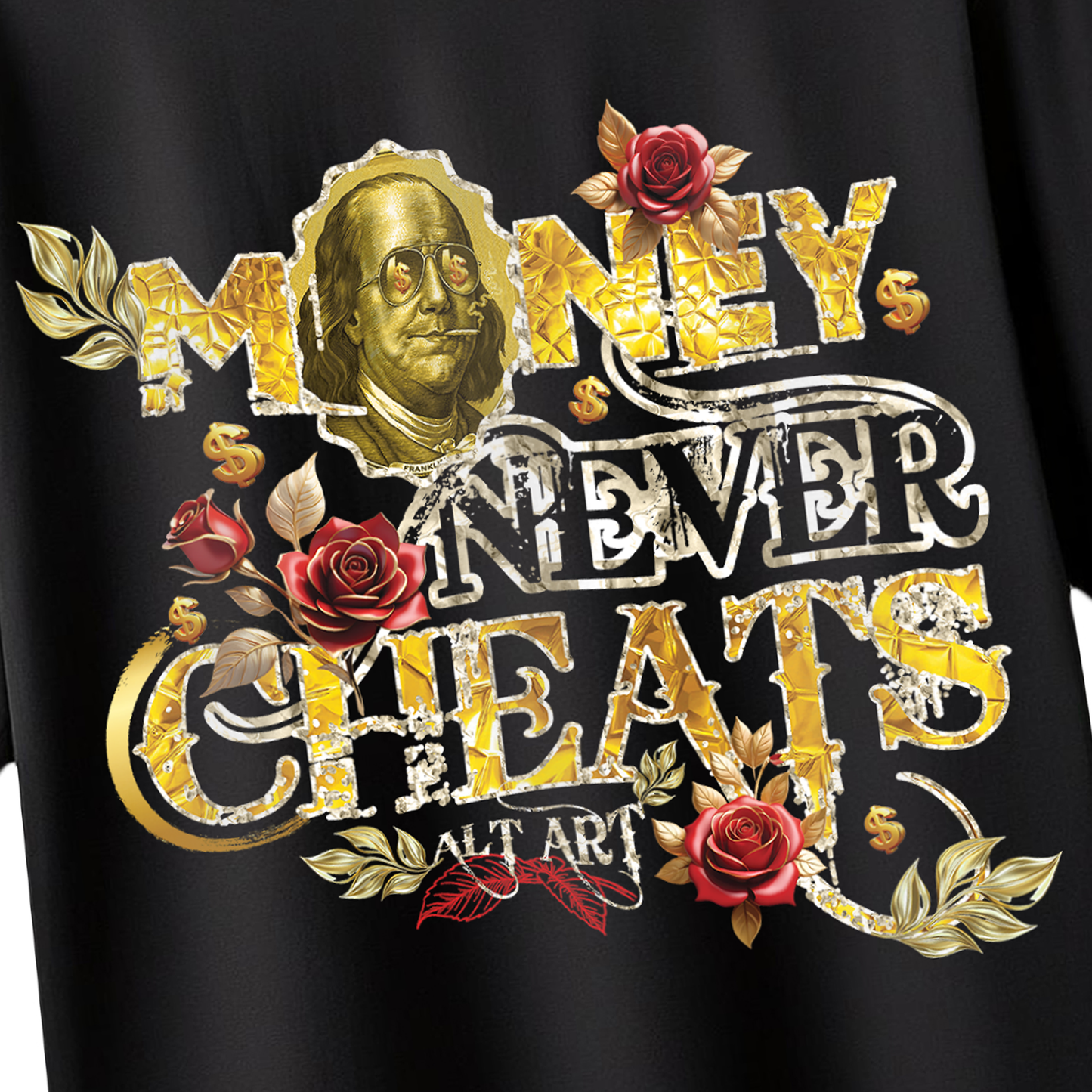 Money Never Cheats Men's Black Graphic Printed Oversized T-Shirt