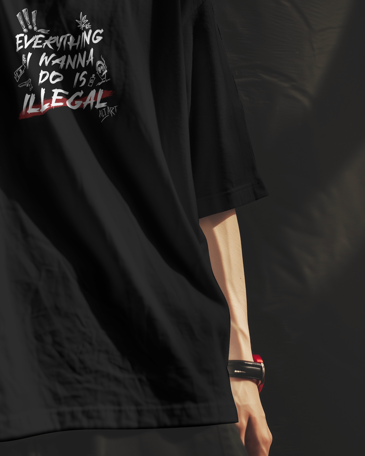 Everything I Wanna Do Is Illegal Black Oversized T-Shirt for Men & Boys - Boxy Fit Drop Shoulder Half Sleeve Round Neck 100% Cotton T-Shirt