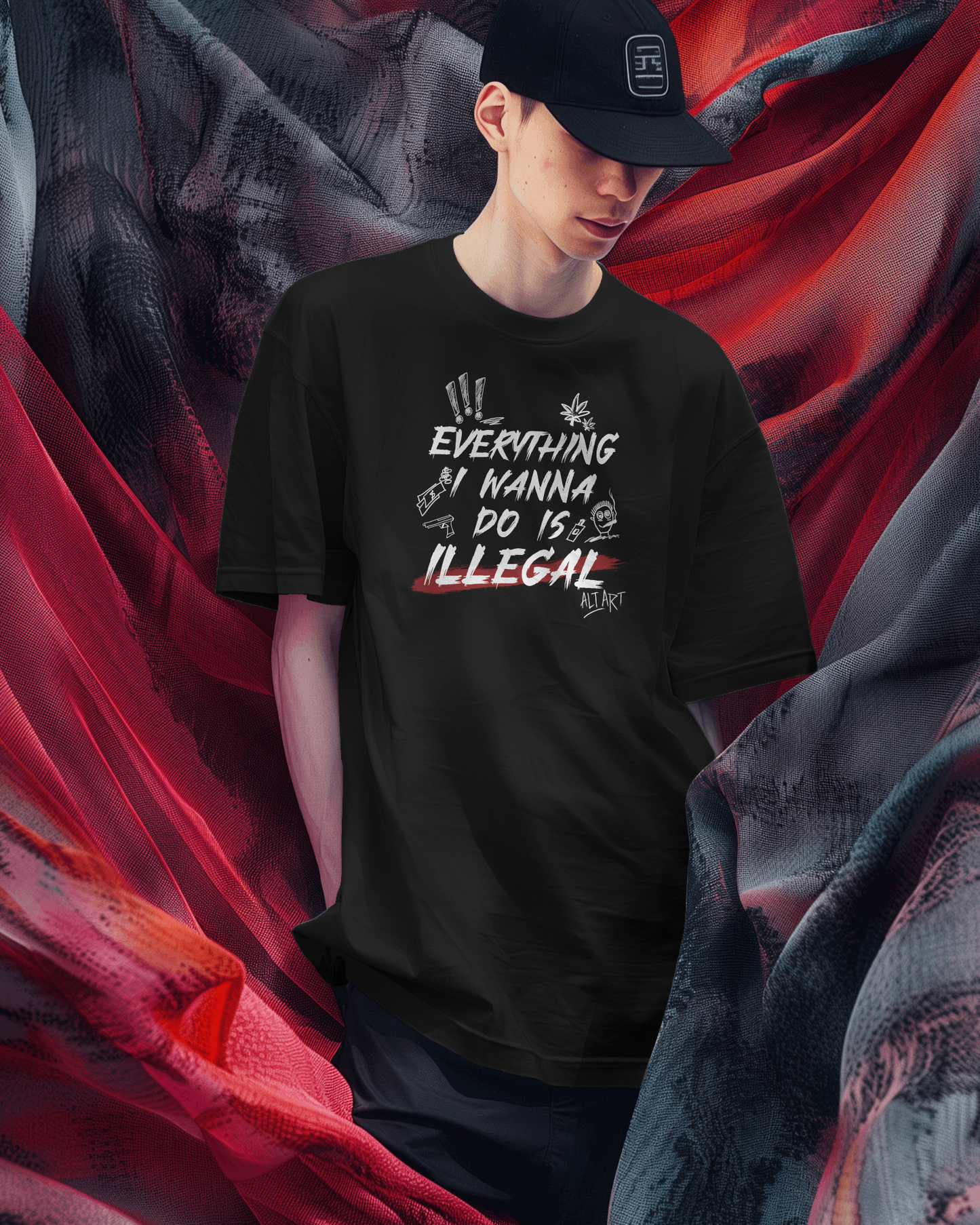 Everything I Wanna Do Is Illegal Black Oversized T-Shirt for Men & Boys - Boxy Fit Drop Shoulder Half Sleeve Round Neck 100% Cotton T-Shirt
