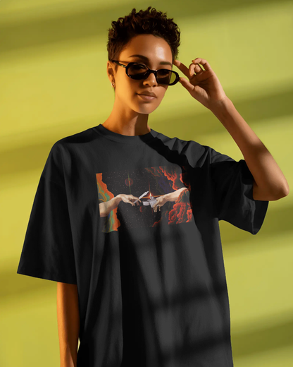 Adam’s Hand Cosmic Creation Oversized T-Shirt for Women & Girls - Trippy Abstract Graphic Printed Tee