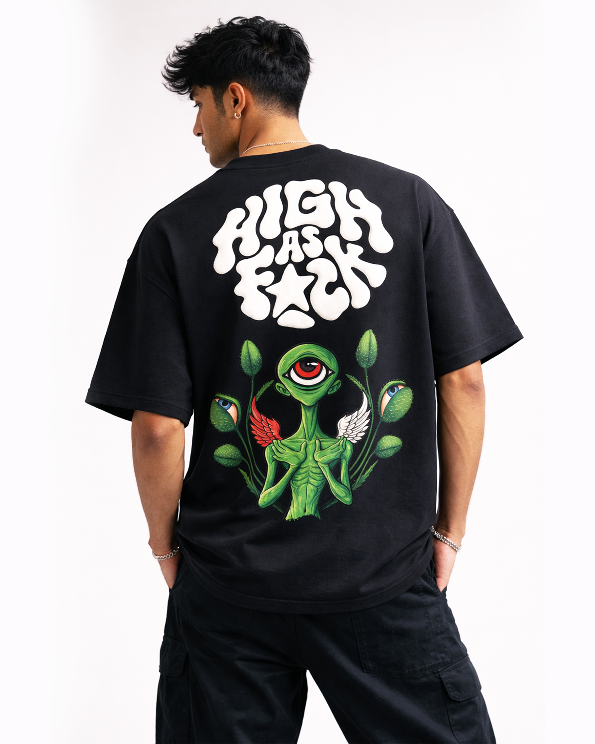 Alien Psychedelic Graphic Black Oversized T Shirt for Men | Trippy