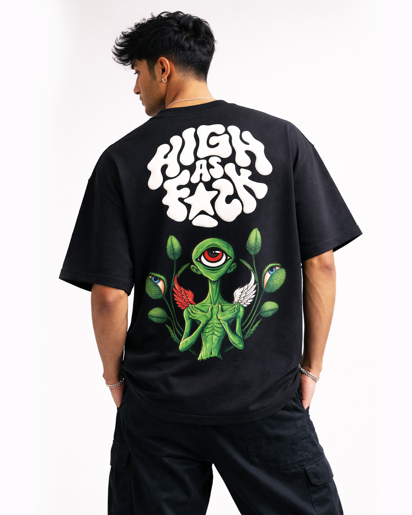 Alien Psychedelic Graphic Black Oversized T Shirt for Men | Trippy Streetwear Graphic Tee