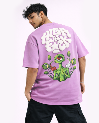 Alien Psychedelic Graphic Puff Print Lavender Oversized T Shirt for Men | Trippy Streetwear Graphic Tee