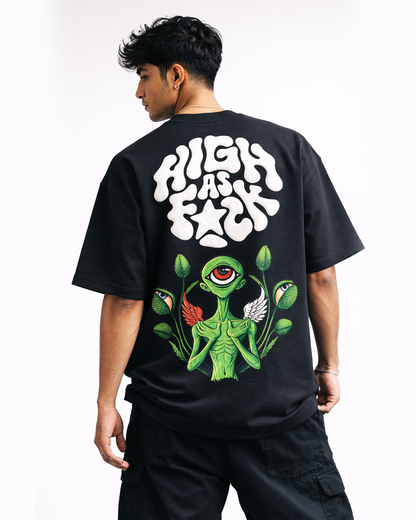 Alien Psychedelic Graphic Black Oversized T Shirt for Men | Trippy Streetwear Graphic Tee