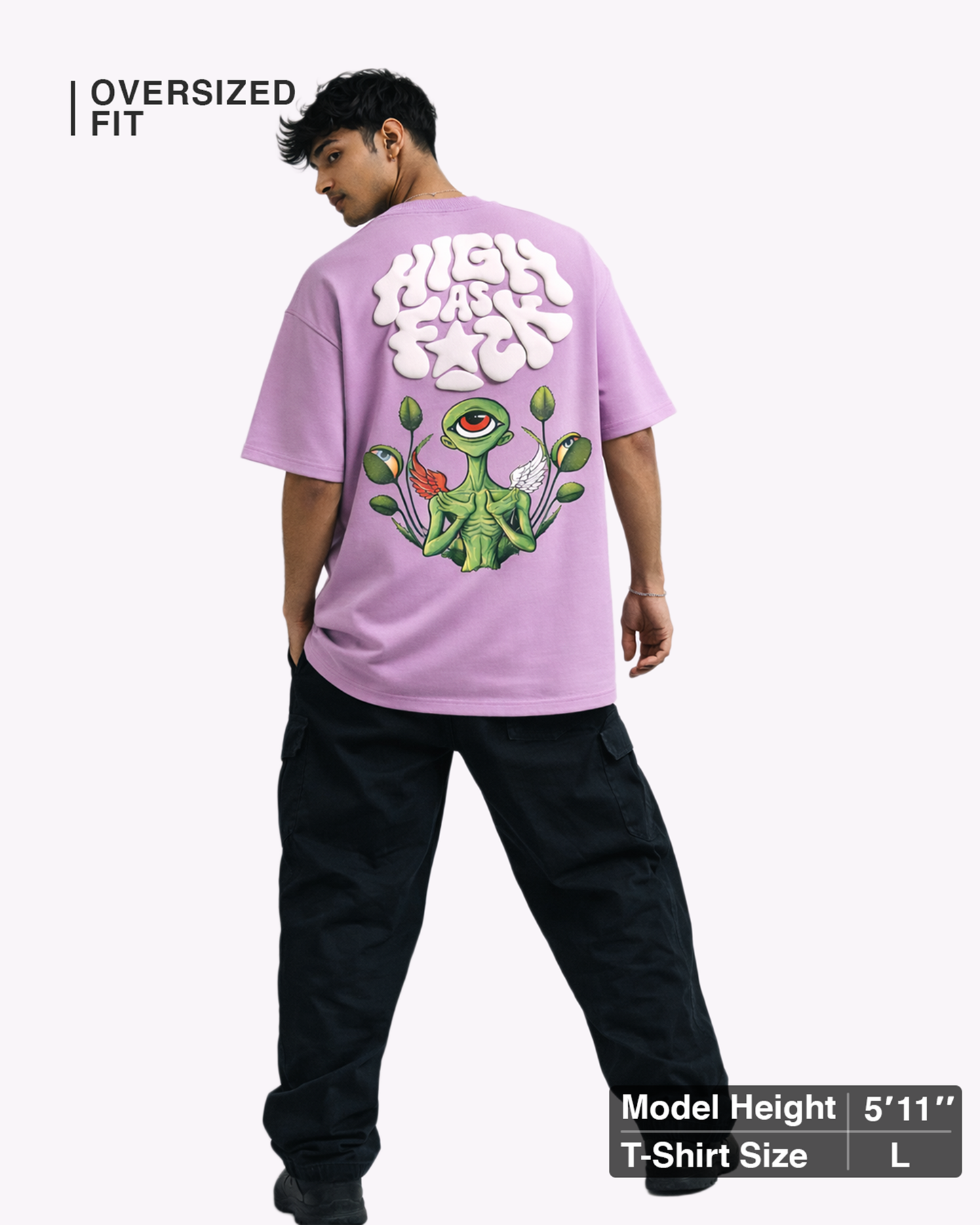 Alien Psychedelic Graphic Puff Print Lavender Oversized T Shirt for Men | Trippy Streetwear Graphic Tee