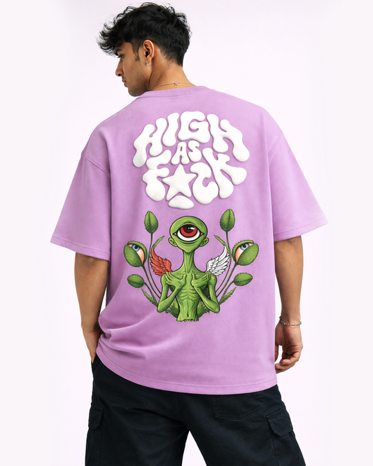 Alien Psychedelic Graphic Puff Print Lavender Oversized T Shirt for Men | Trippy Streetwear Graphic Tee