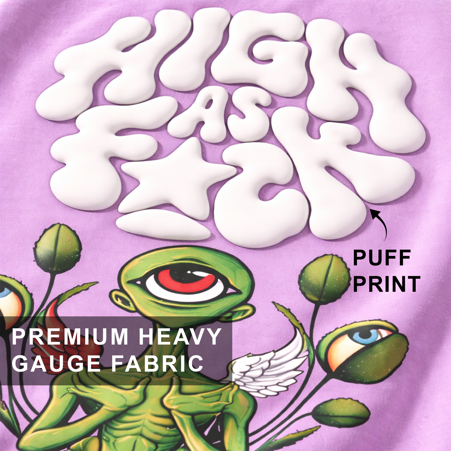Alien Psychedelic Graphic Puff Print Lavender Oversized T Shirt for Men | Trippy Streetwear Graphic Tee