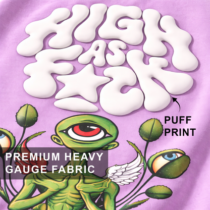 Alien Psychedelic Graphic Puff Print Lavender Oversized T Shirt for Men | Trippy Streetwear Graphic Tee