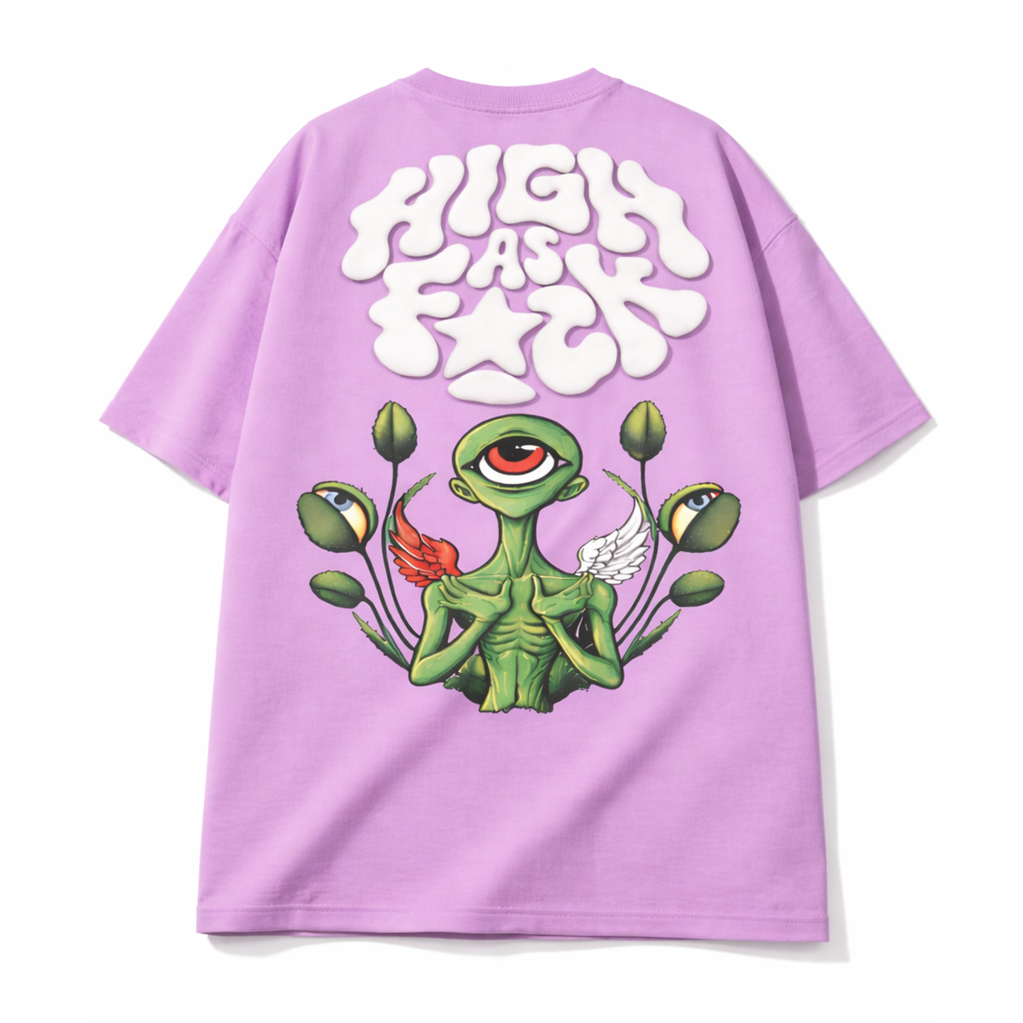 Alien Psychedelic Graphic Puff Print Lavender Oversized T Shirt for Men | Trippy Streetwear Graphic Tee