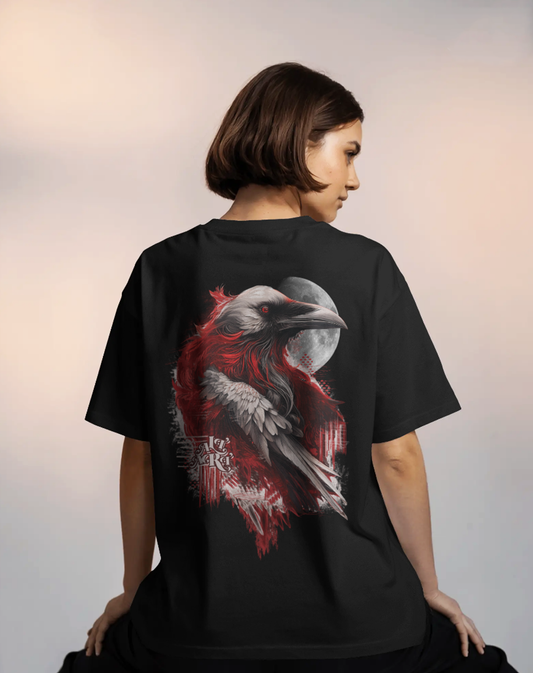 Gothic Raven Abstract Art Black Oversized T-Shirt for Women | Artistic Streetwear