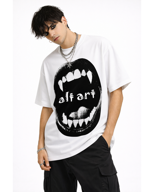 Gothic Vampire Mouth Oversized T Shirt for Men | Vampire Fangs Graphic Printed Oversized T Shirt | Boxy Fit Premium Streetwear Tee