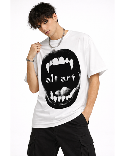 Gothic Vampire Mouth Oversized T Shirt for Men | Vampire Fangs Graphic Printed Oversized T Shirt | Boxy Fit Premium Streetwear Tee
