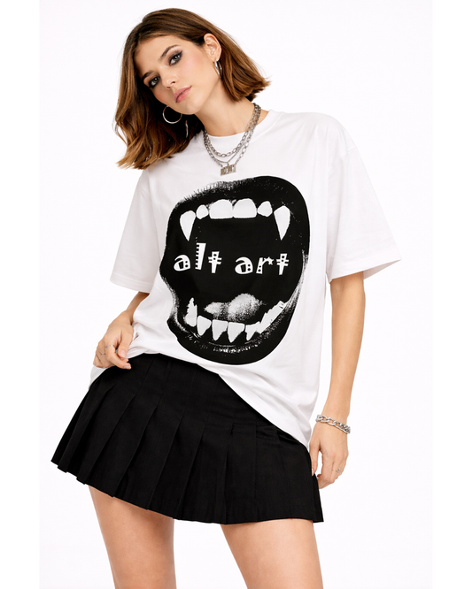 Gothic Vampire Mouth Oversized T Shirt for Women | Vampire Fangs Graphic Printed Oversized T Shirt | Boxy Fit Premium Streetwear Tee