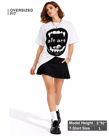 Gothic Vampire Mouth Oversized T Shirt for Women | Vampire Fangs Graphic Printed Oversized T Shirt | Boxy Fit Premium Streetwear Tee