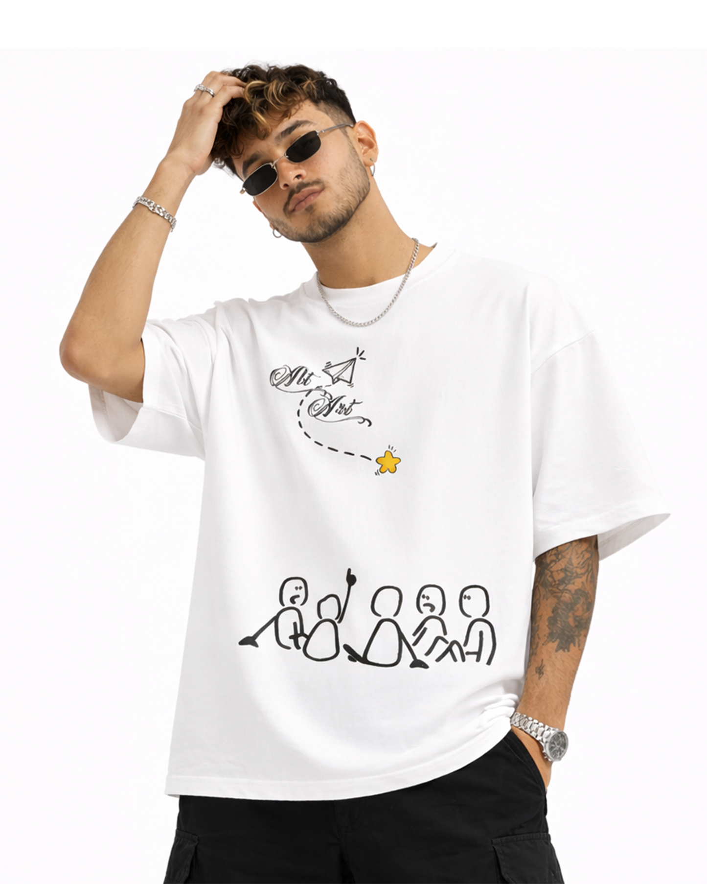 Alt Art Minimal Doodle Graphic White Oversized T Shirt for Men | Aesthetic Oversized T Shirt