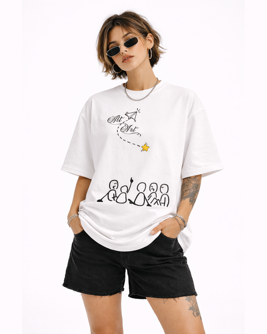 Minimal Doodle Graphic White Oversized T Shirt for Women | Aesthetic Oversized Tee