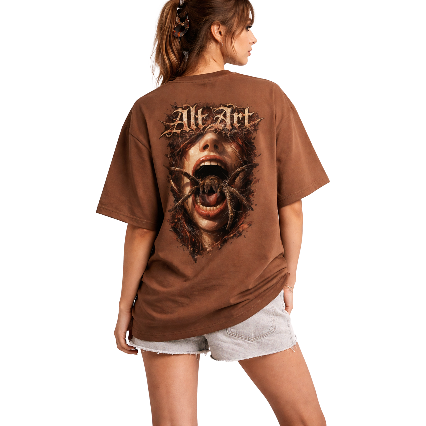 Spider Women T-Shirt | Gothic Spider Graphic Brown Oversized T-Shirt for Women