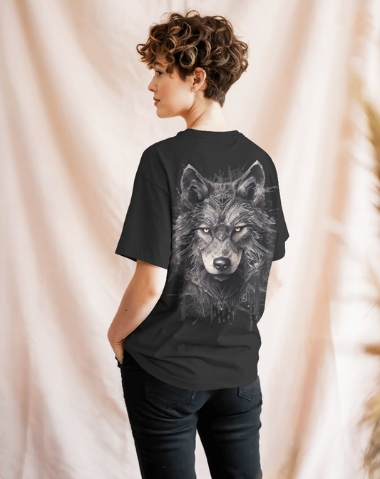Alpha Wolf Graphic Printed Black Oversized T-Shirt for Women | Bold Streetwear Tee India