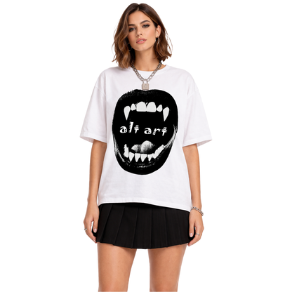 Gothic Vampire Mouth Oversized T Shirt for Women | Vampire Fangs Graphic Printed Oversized T Shirt | Boxy Fit Premium Streetwear Tee