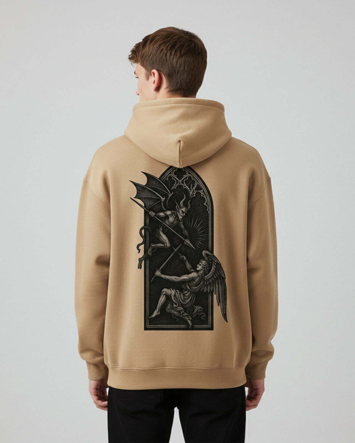 Angel vs Demon Hoodie for Men Beige | Gothic Graphic Hoodie India