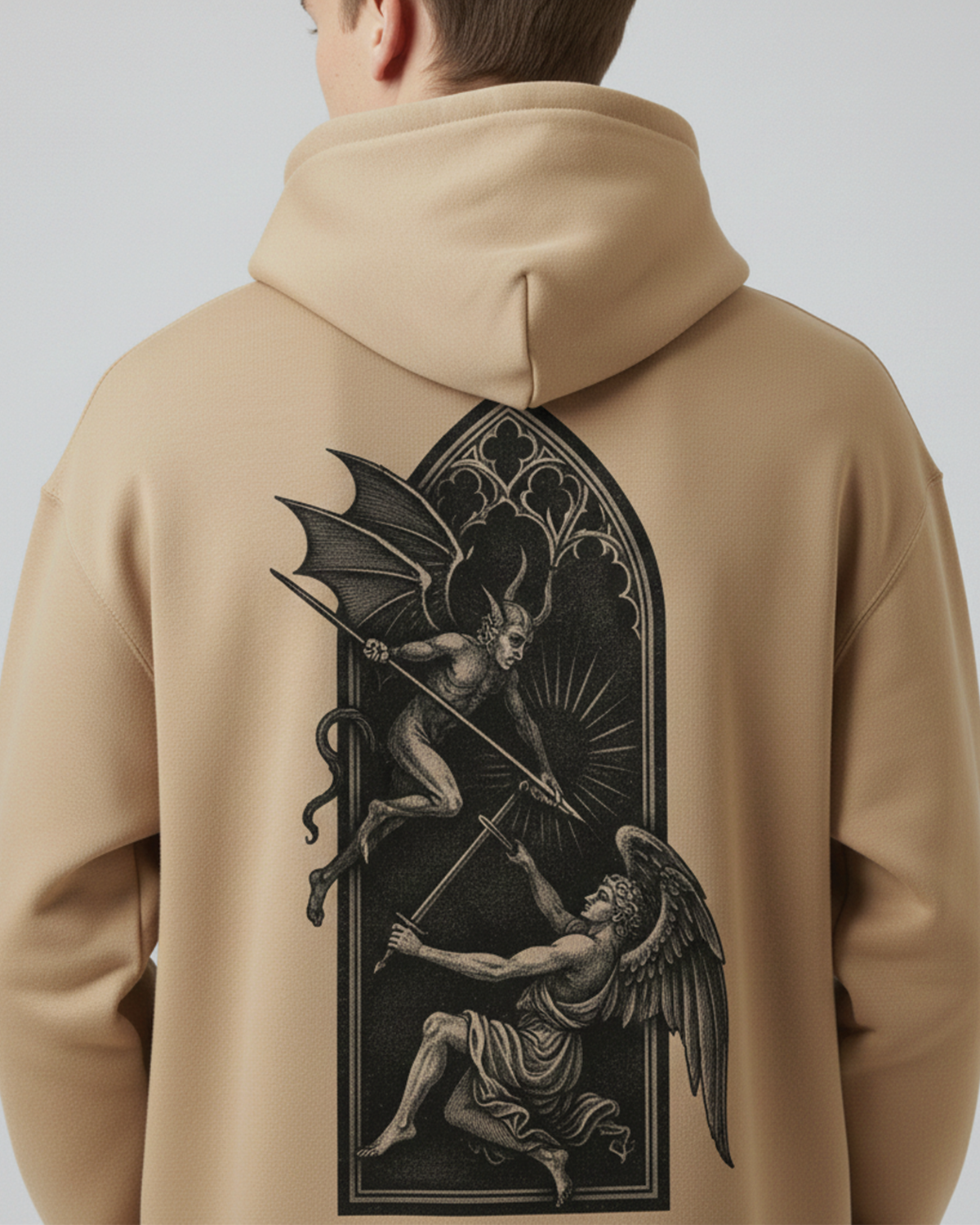Angel vs Demon Hoodie for Men Beige | Gothic Graphic Hoodie India