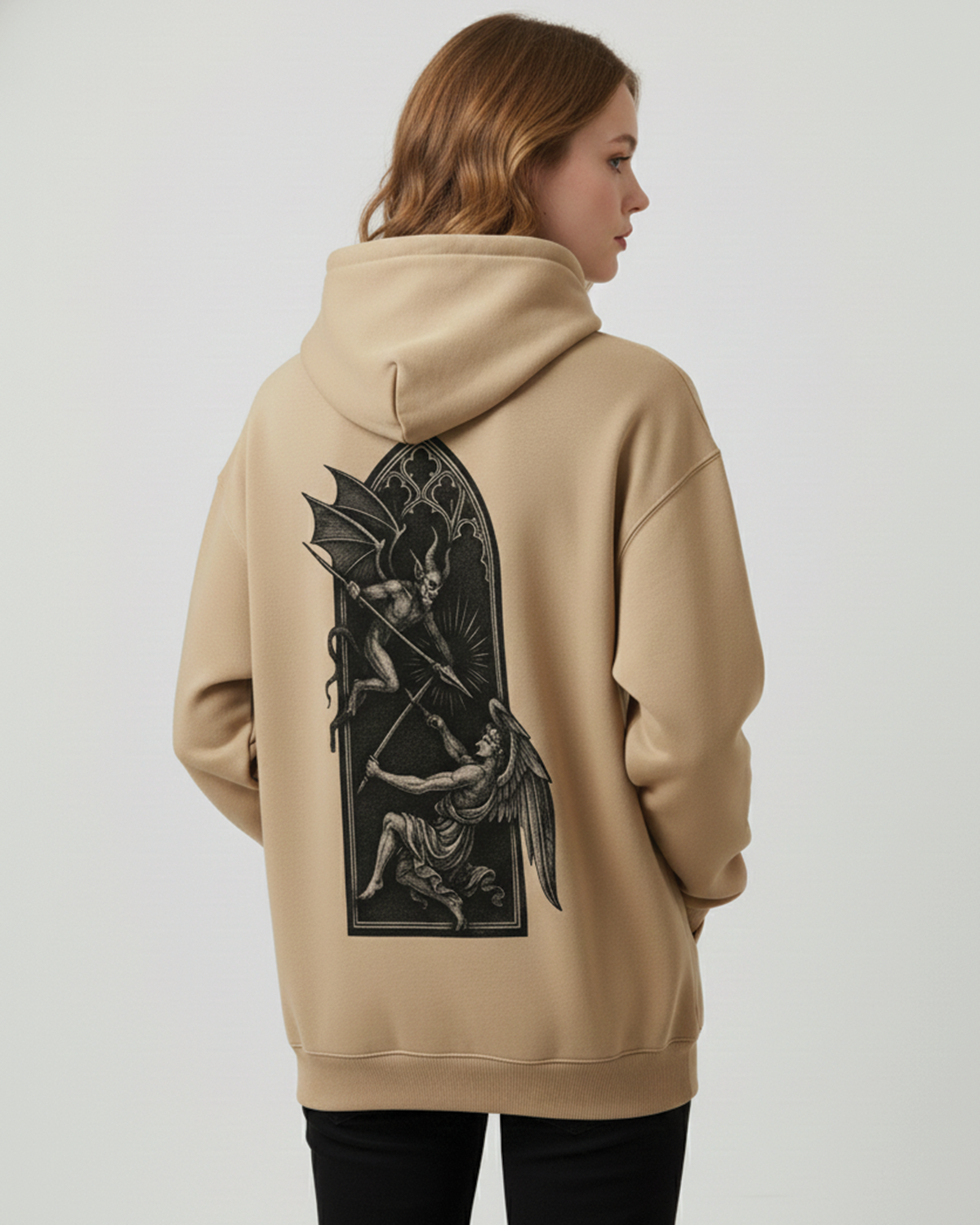 Angel vs Demon Hoodie for Women Beige | Gothic Graphic Hoodie Girls