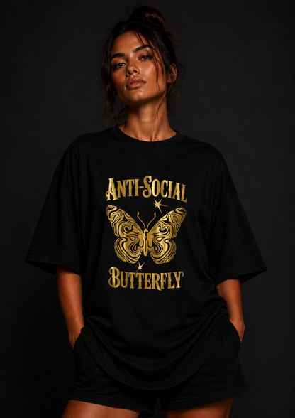 Anti Social Butterfly Oversized T Shirt for Women | Butterfly Graphic Printed Oversized T Shirt | Premium Boxy Fit Streetwear Tee