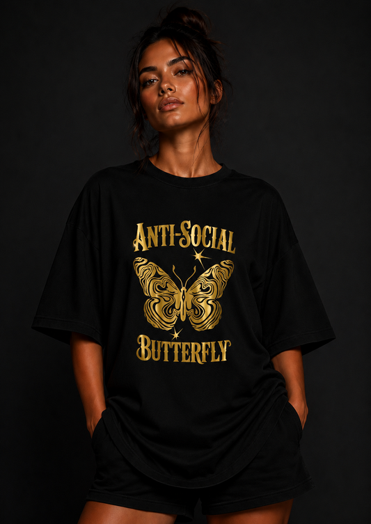 Anti Social Butterfly Oversized T Shirt for Women | Butterfly Graphic Printed Oversized T Shirt | Premium Boxy Fit Streetwear Tee