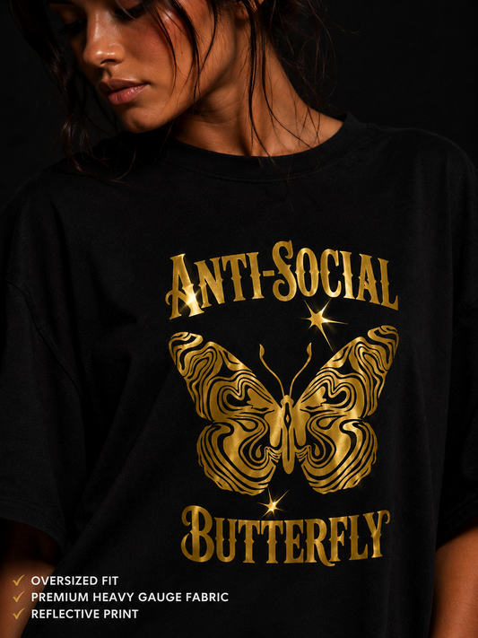 Anti Social Butterfly Oversized T Shirt for Women | Butterfly Graphic Printed Oversized T Shirt | Premium Boxy Fit Streetwear Tee