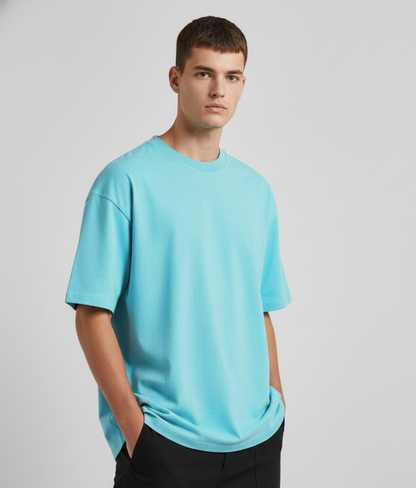 Aruba Blue Solid Oversized T-Shirt for Men | Heavyweight Cotton | Premium Boxy Fit Solid Tee