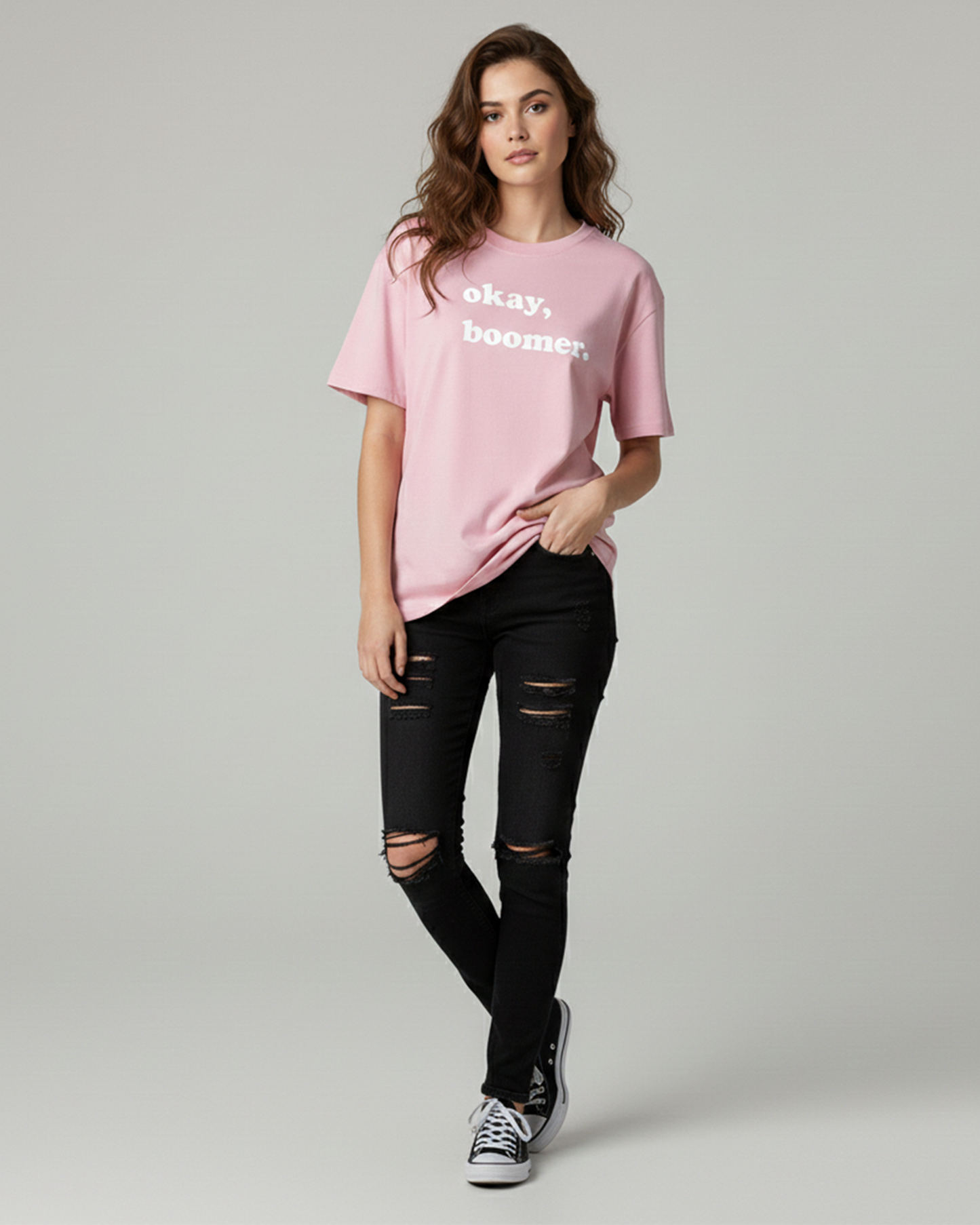 Okay Boomer Baby Pink Oversized T-Shirt for Women | Funny Oversized T-Shirt