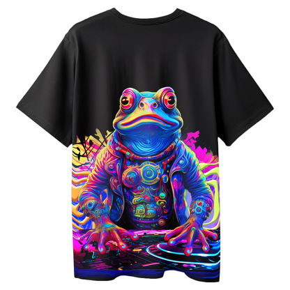 DJ Frog Oversized Black T-Shirt for Men & Boys – Funky Frog Graphic Streetwear Tee