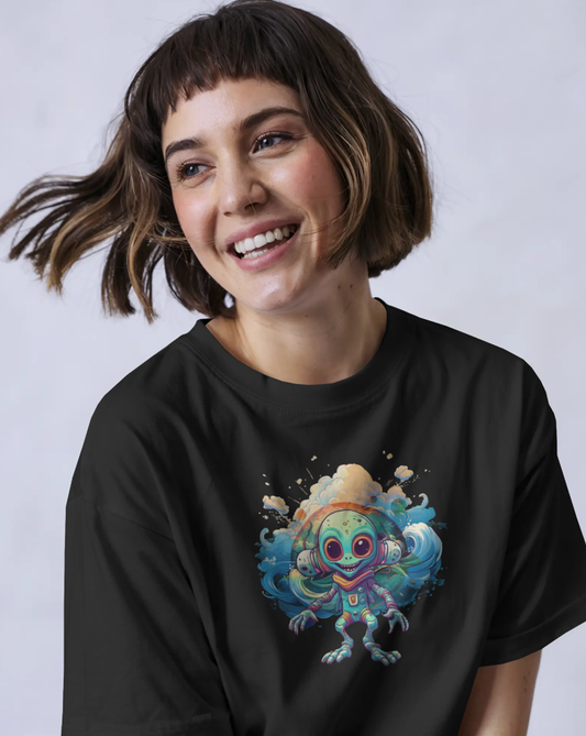 Space is My Hometown Women’s Black Oversized T-Shirt – Trendy Astronaut Graphic Tee for Women & Girls