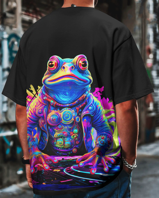 DJ Frog Oversized Black T-Shirt for Men & Boys – Funky Frog Graphic Streetwear Tee