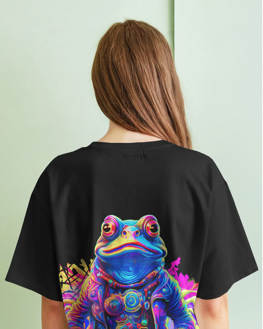 DJ Frog Oversized Black T-Shirt for Women & Girls – Funky Frog Music Graphic Tee