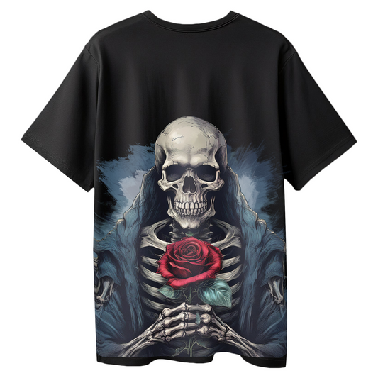 Rose of the Reaper Men's Oversized Black T-Shirt – Gothic Skeleton Rose Graphic Streetwear