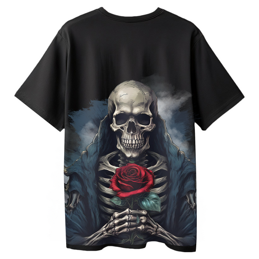 Rose of the Reaper Women's Oversized Black T-Shirt – Skeleton & Rose Graphic Tee