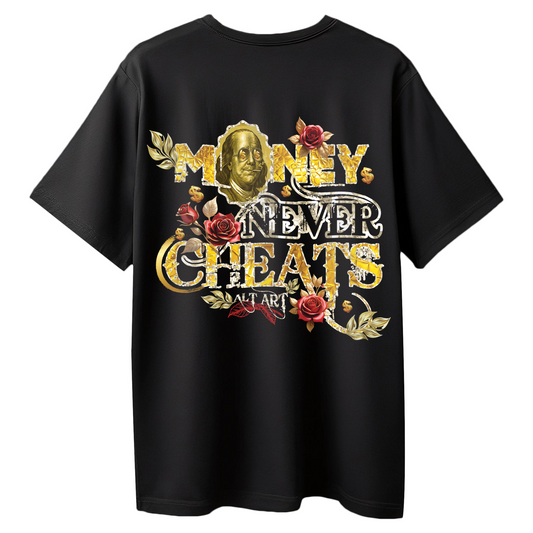 Money Never Cheats Men's Black Graphic Printed Oversized T-Shirt