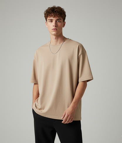 Solid Beige Oversized T-Shirt for Men | Plain Cotton Streetwear Oversized Tee