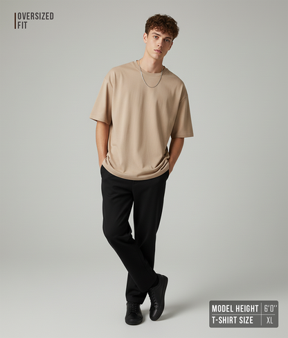 Solid Beige Oversized T-Shirt for Men | Plain Cotton Streetwear Oversized Tee