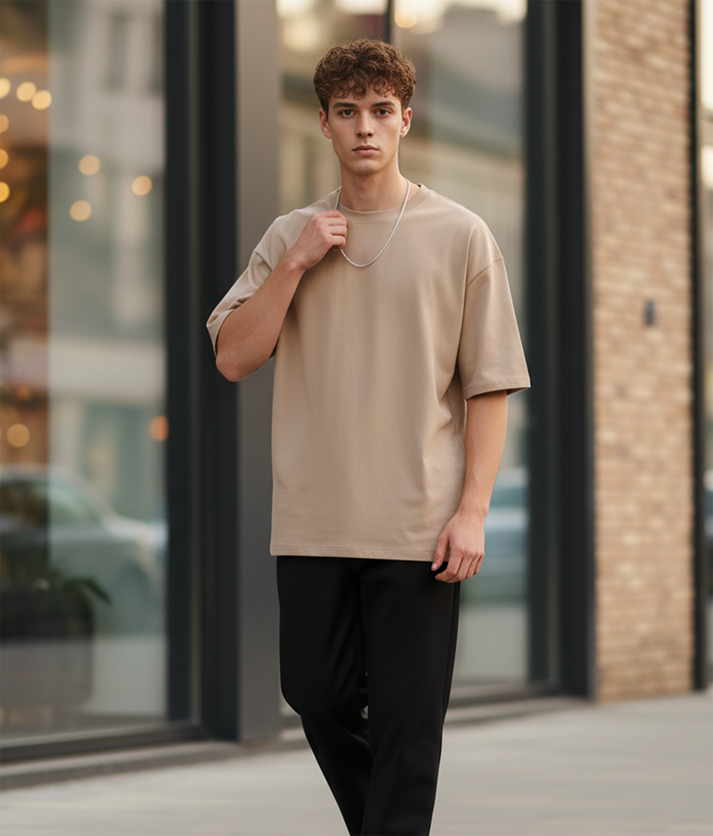 Solid Beige Oversized T-Shirt for Men | Plain Cotton Streetwear Oversized Tee