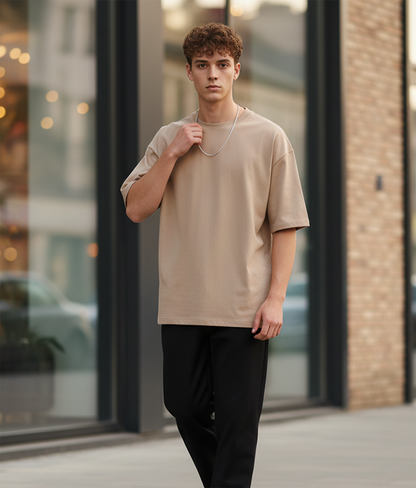 Solid Beige Oversized T-Shirt for Men | Plain Cotton Streetwear Oversized Tee