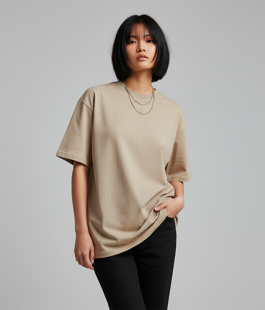 Solid Beige Oversized T-Shirt for Women | Plain Cotton Streetwear Oversized Tee