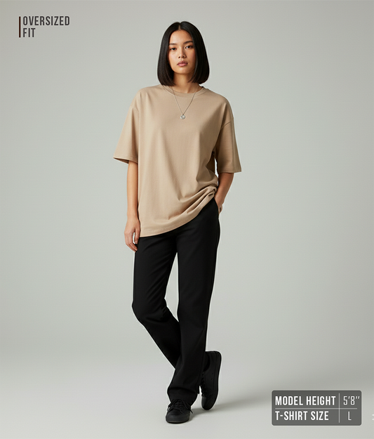 Solid Beige Oversized T-Shirt for Women | Plain Cotton Streetwear Oversized Tee