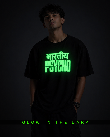 Bhartiya Psycho Oversized T Shirt for Men | Glow in Dark Graphic Printed Oversized T Shirt | Hindi Typography Boxy Fit Streetwear Tee