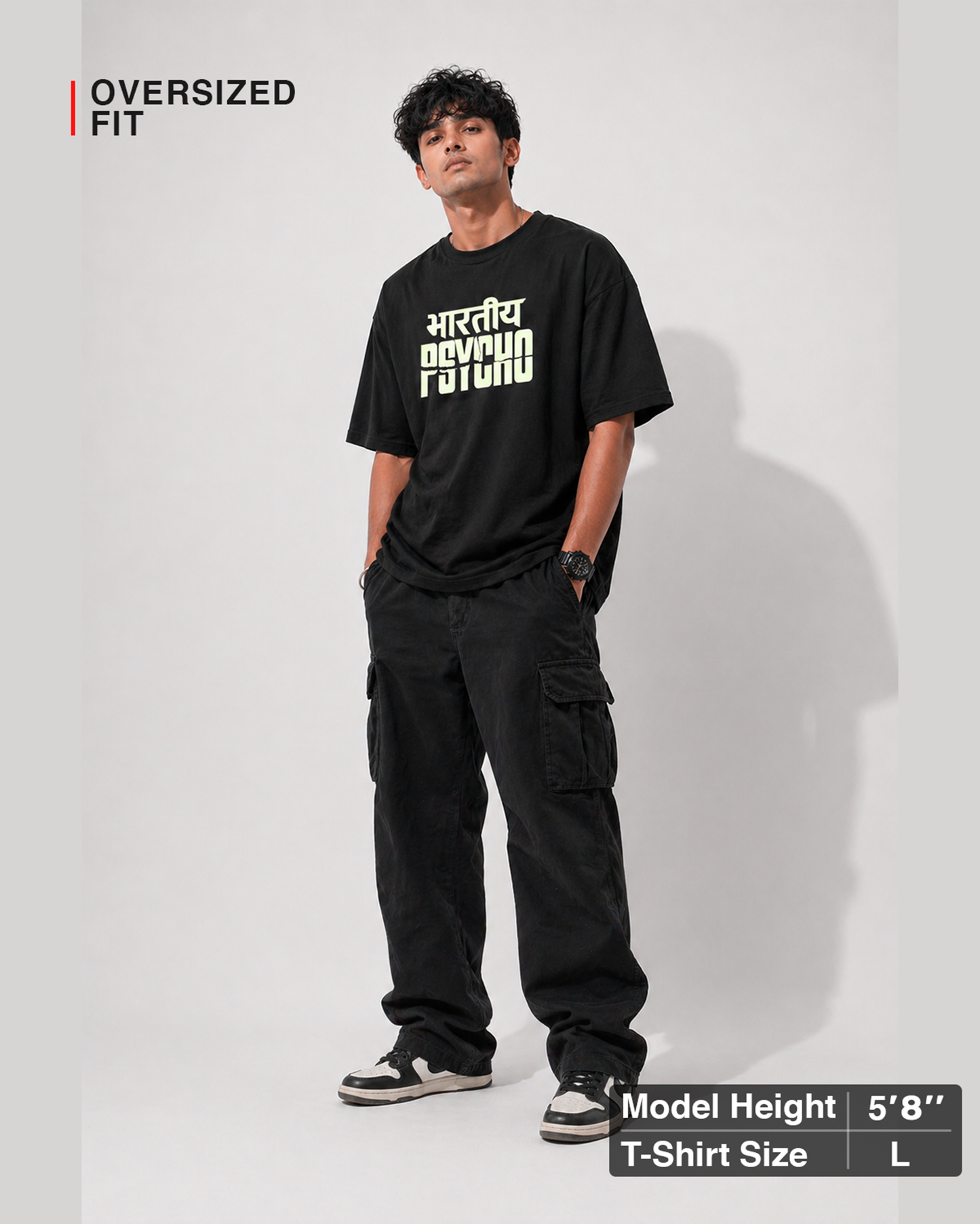 Bhartiya Psycho Oversized T Shirt for Men | Glow in Dark Graphic Printed Oversized T Shirt | Hindi Typography Boxy Fit Streetwear Tee